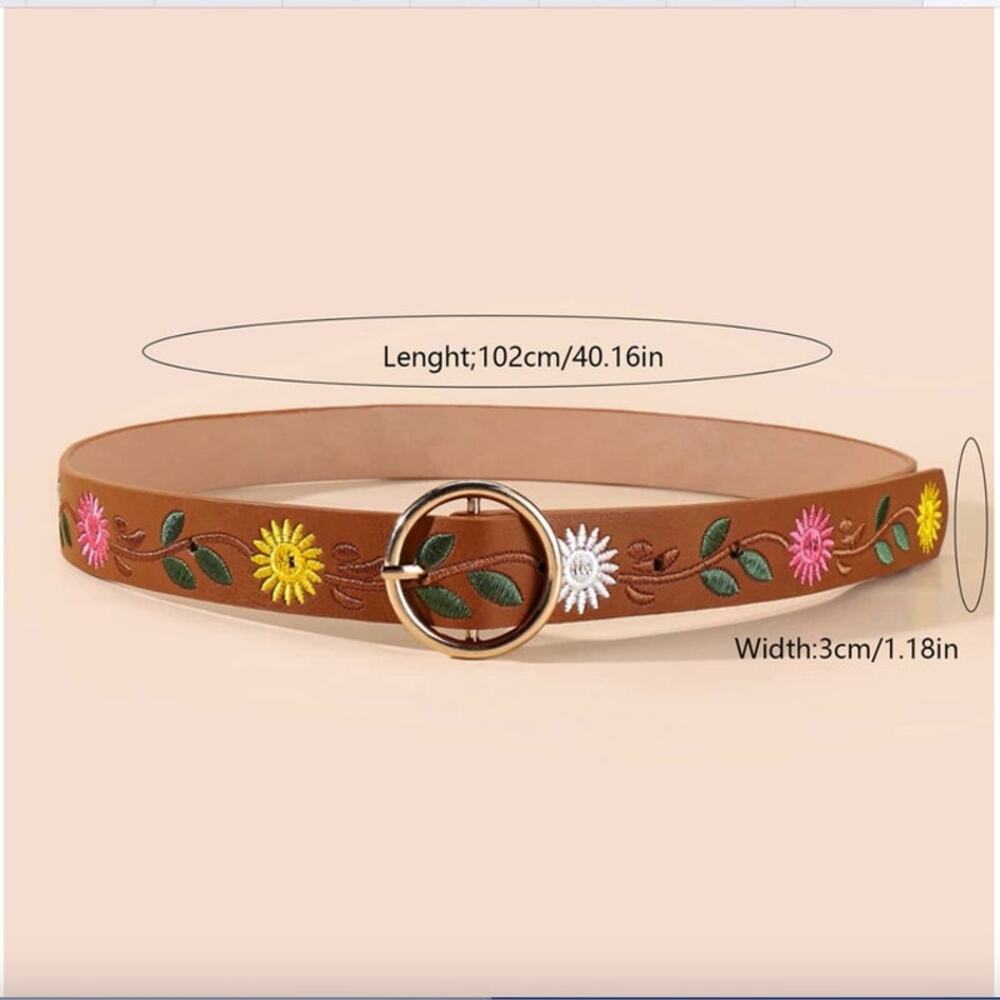 Belt Camel Tan Floral Embroidery Flowers Vegan Leather 31"-37" Total 41" - Picture 4 of 8